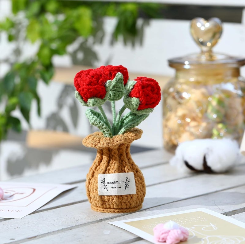 YOOJEE Crochet Flower Pot Valentines Day Gift for Women Him Her Boyfriend Girlfriend Couples Wife Husband Coworker Birthday Valentines Handmade Knitted Red Rose Birthday Wedding Home Decoration - Image 2